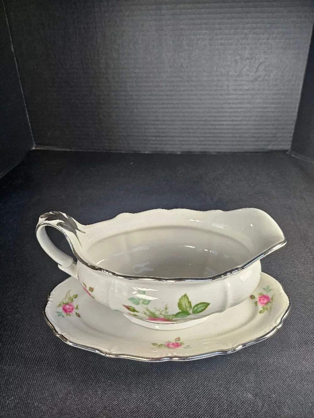 Chalfonte Bavaria Germany Fine Porcelain Pink Rose Gravy Boat With Underplate